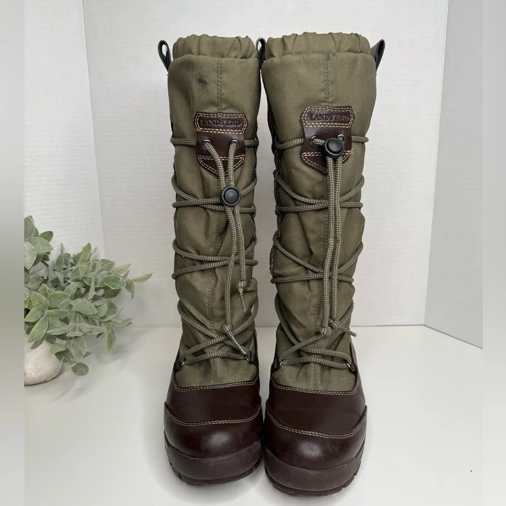 Lands End Women's Green Quilted Tall Outdoor Winter Fleece Lined Boots Size 6